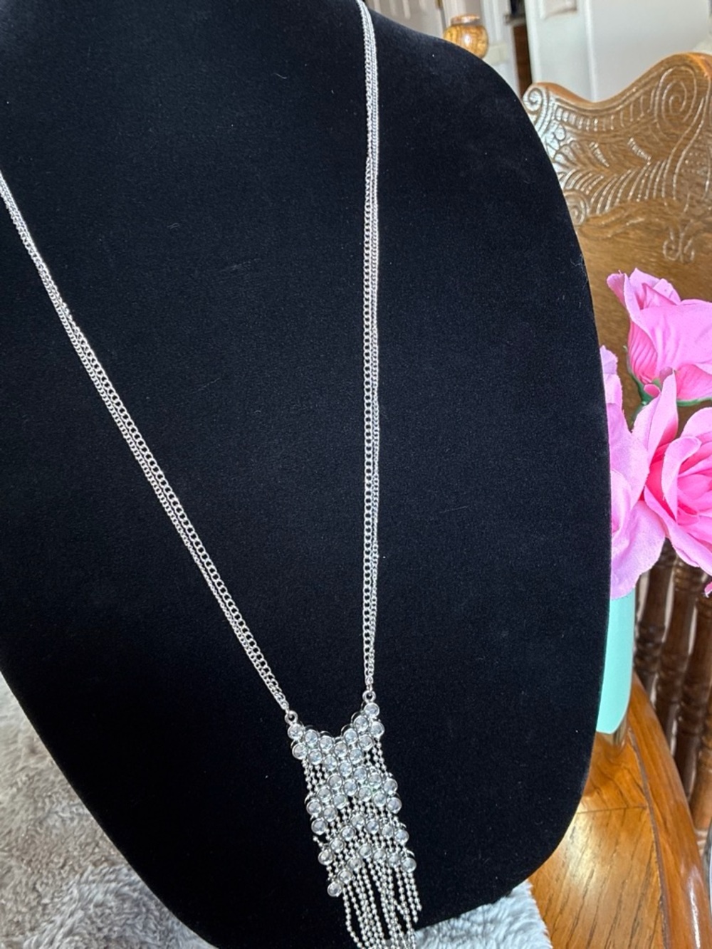 Silver Crystal Fringe Pendant Necklace - Women Jewelry